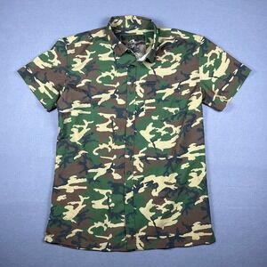 Warrior Mens Camo Short Sleeve Button Up Shirt Green Brown Stretch Size M